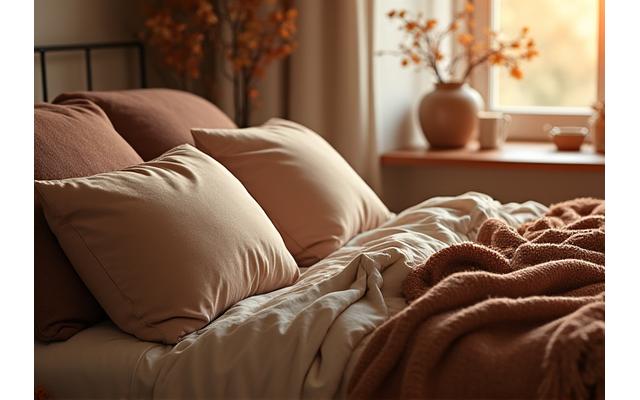 温かい光が差し込む秋の寝室の温もりある寝具