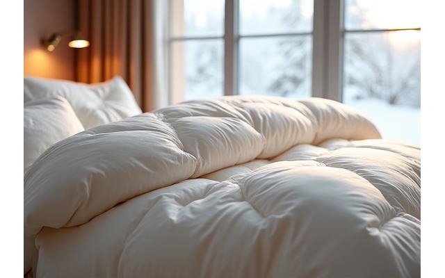 冬の雪景色が見える窓辺の暖かな羽毛布団