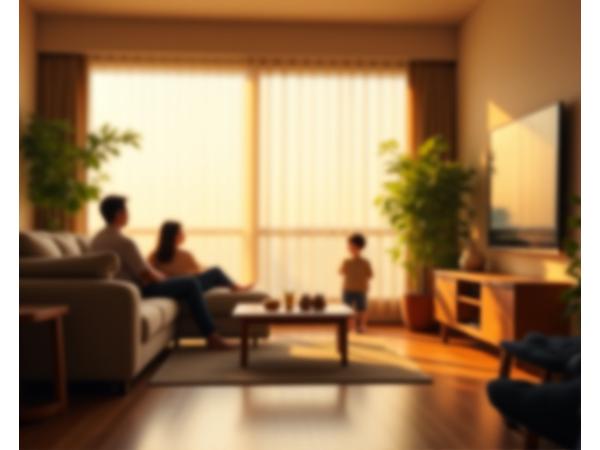 暖色系照明のリビングでリラックスする家族